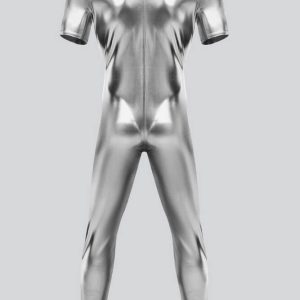 Mens Short Sleeve Futuristic Shiny Metallic Unitard - Image 2