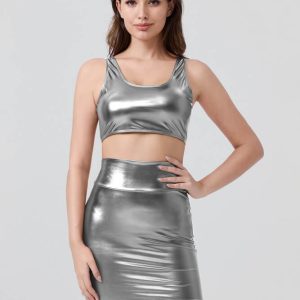 Shiny Metallic Tops & Pencil Skirt Set - Image 51