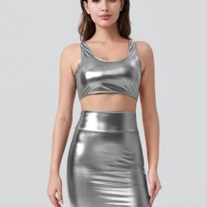 Shiny Metallic Tops & Pencil Skirt Set - Image 54