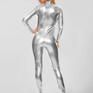 Womens Zip Front Shiny Metallic Catsuit Unitard - Image 14
