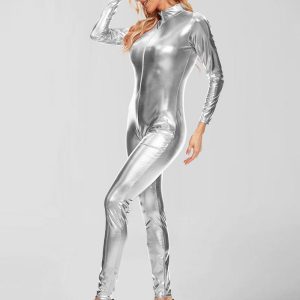 Womens Zip Front Shiny Metallic Catsuit Unitard - Image 15